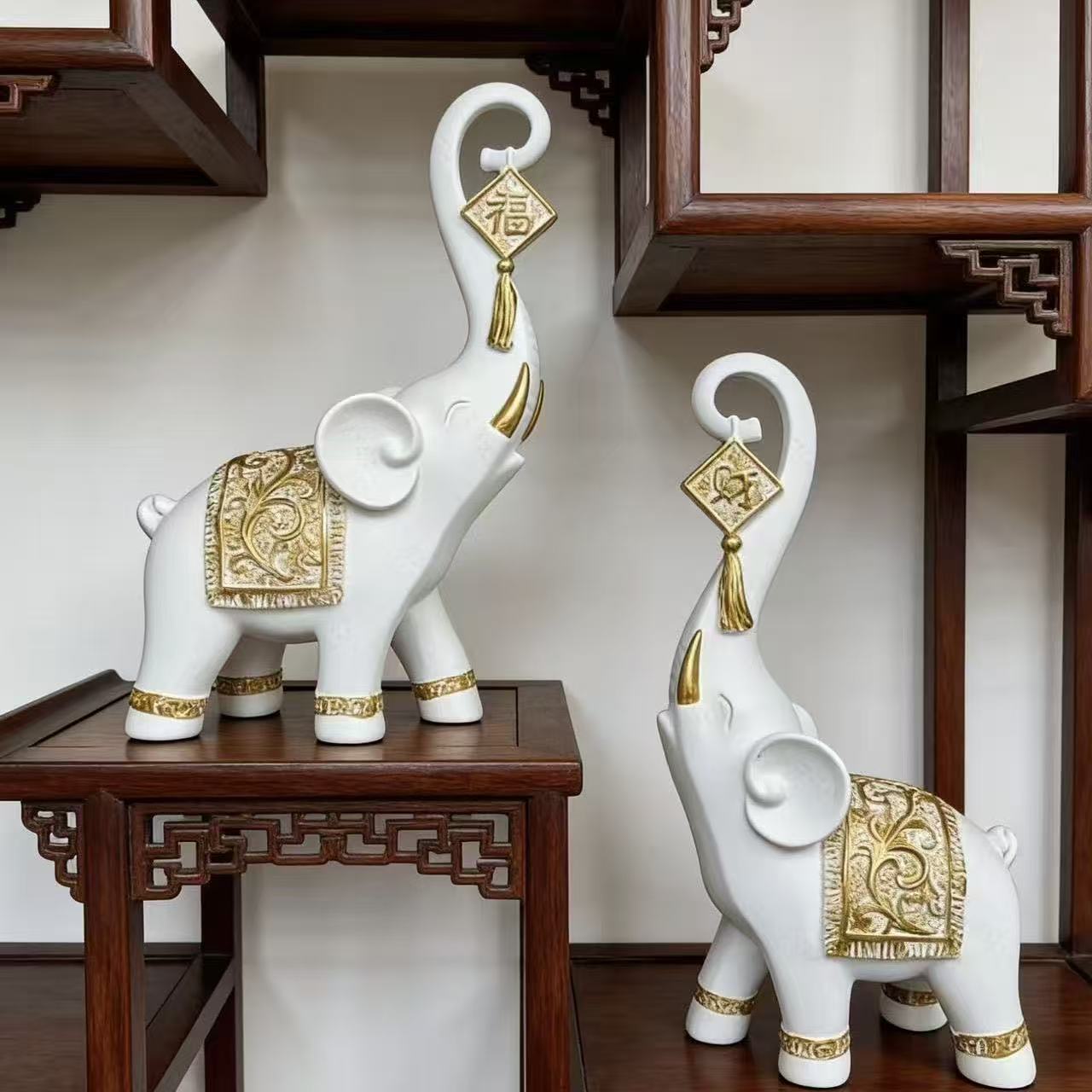 Resin Art Gift For Anniversary - Satu Pasang Patung Gajah Tionghoa Gaya