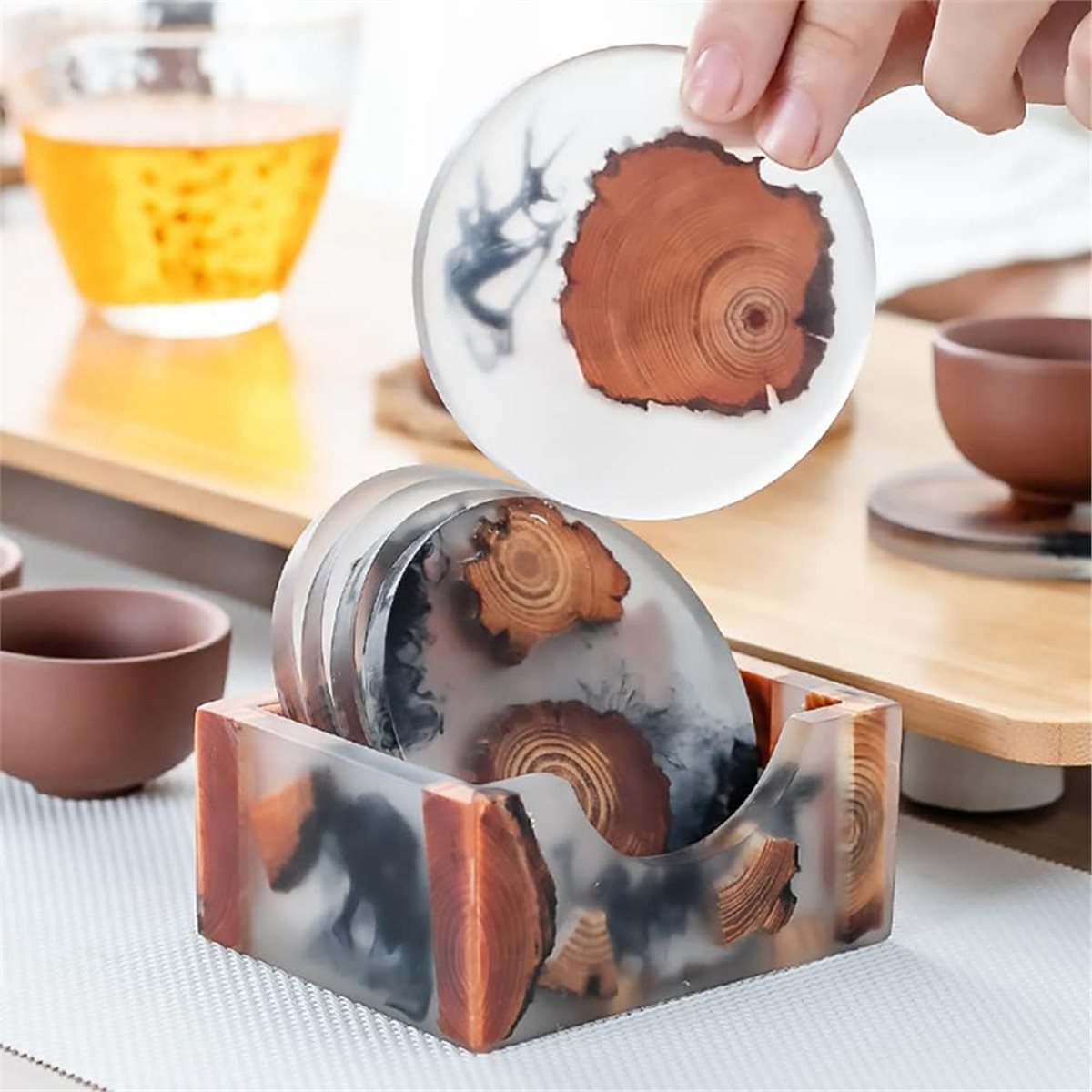 6 Buah Tatakan Gelas Kayu deng - Resin Art Coasters ulasan dan harga